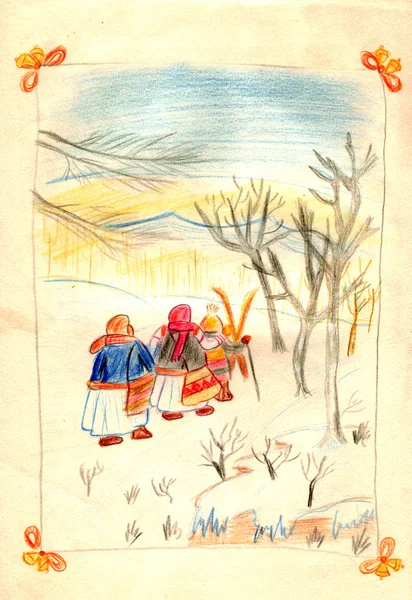 Rustik Kış Sahne Eski Bir Tarafından Çocuk Resim Çizim — Stok fotoğraf