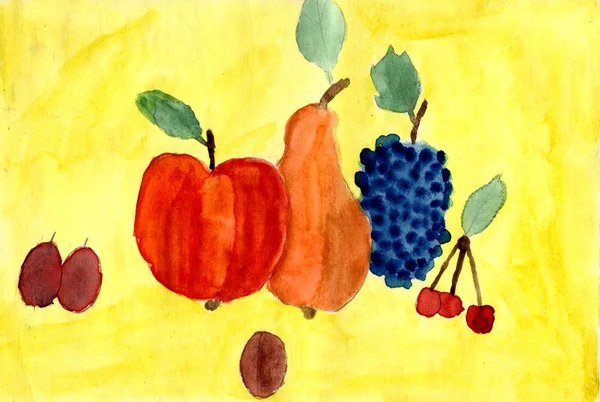 Varias Frutas Acuarela Mano Pintura Niño —  Fotos de Stock