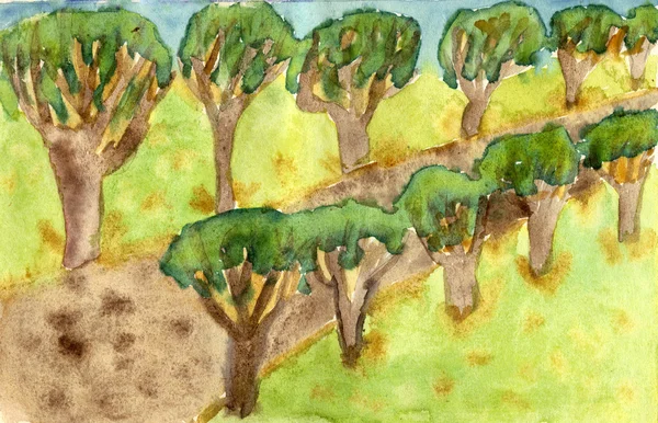 Drzewa Pokryte Stare Strony Akwarela Malarstwo Przez Dziecko — Zdjęcie stockowe