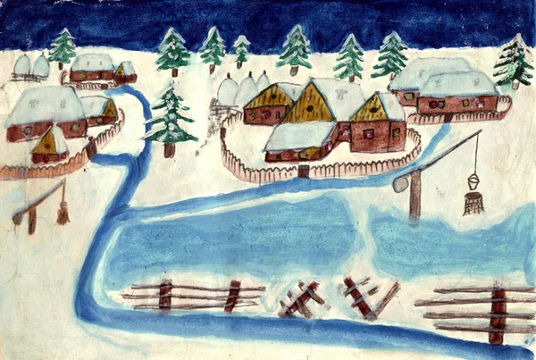 Escena de invierno rural - una pintura de acuarela de mano vieja —  Fotos de Stock