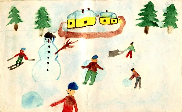 Rusztikus Téli Táj Egy Régi Kézzel Akvarell Festészet Gyermek — Stock Fotó