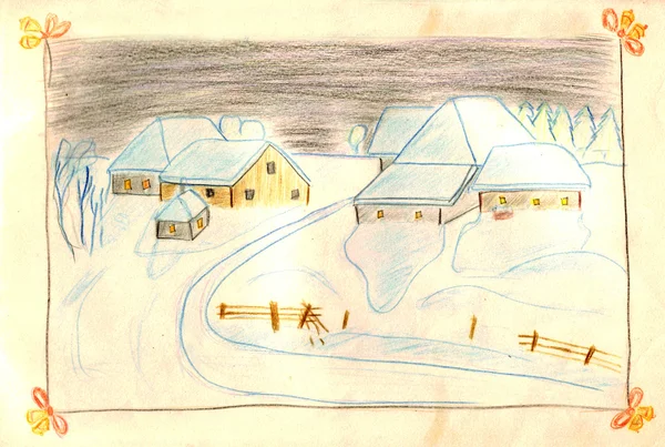 Obszarów Wiejskich Zimowa Scena Starym Wyjadaczem Rysunek Obraz Przez Dziecko — Zdjęcie stockowe