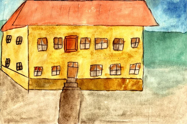 Uma casa de escola - pintura a mão aquarela — Fotografia de Stock