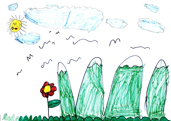 Забавная Летняя Сцена Рисунок Руки Ребенка — стоковое фото