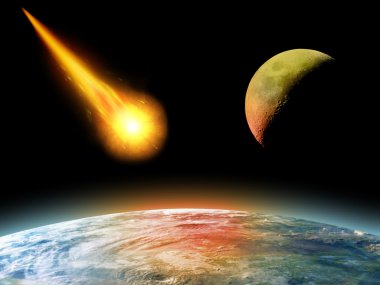 Burning asteroid hitting earth illustration clipart