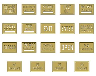 Collection of gold rectangular plates engraved with a notice clipart