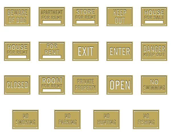 Collection of gold rectangular plates engraved with a notice