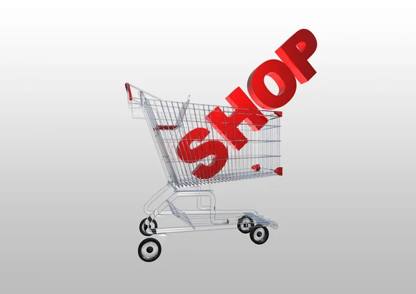 3D SHOPPING CART WITH SHOPPING CHARACTERS — Stock Photo, Image