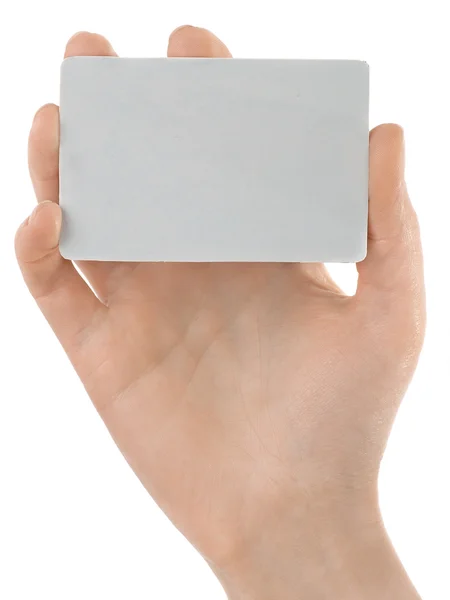 Empty business card in a woman's hand — Stock Photo, Image