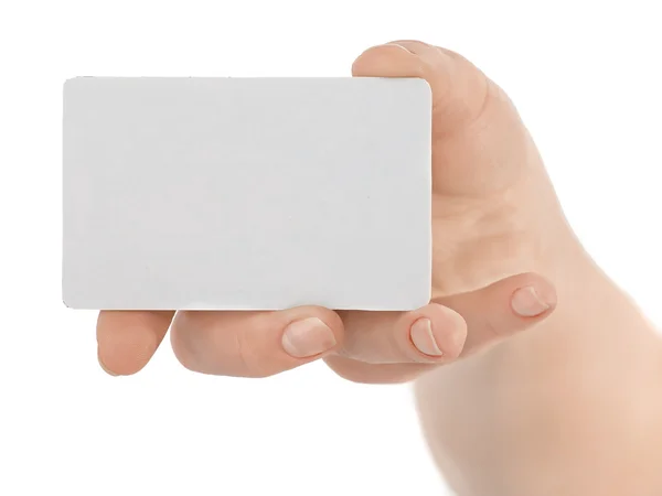 Mão Segurando Cartão Visita Isolado Fundo Branco — Fotografia de Stock
