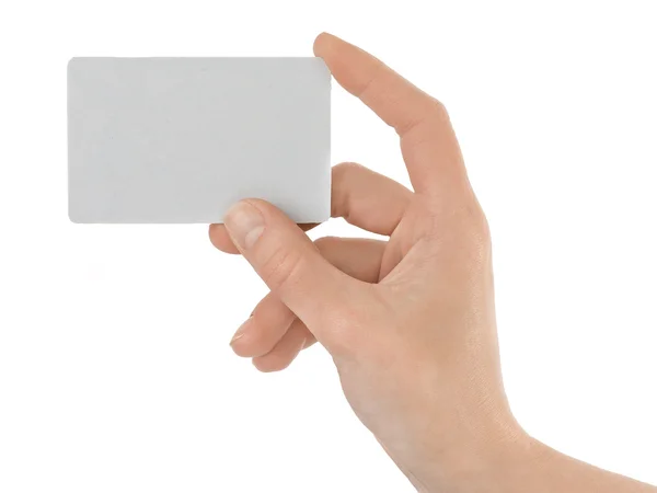 白い背景で隔離のビジネス カードを持っている手します ロイヤリティフリーのストック写真