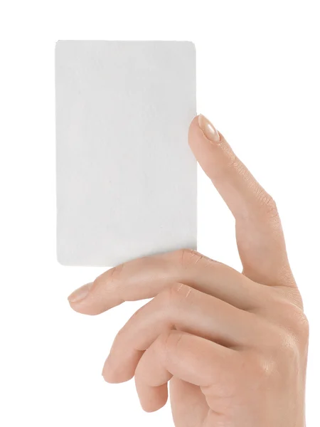 Χέρι Και Μια Κάρτα Που Απομονώνονται Λευκό — Φωτογραφία Αρχείου