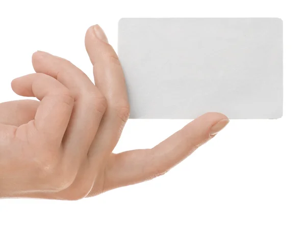 Γυναικείο Χέρι Και Μια Κάρτα Που Απομονώνονται Λευκό Φόντο — Φωτογραφία Αρχείου