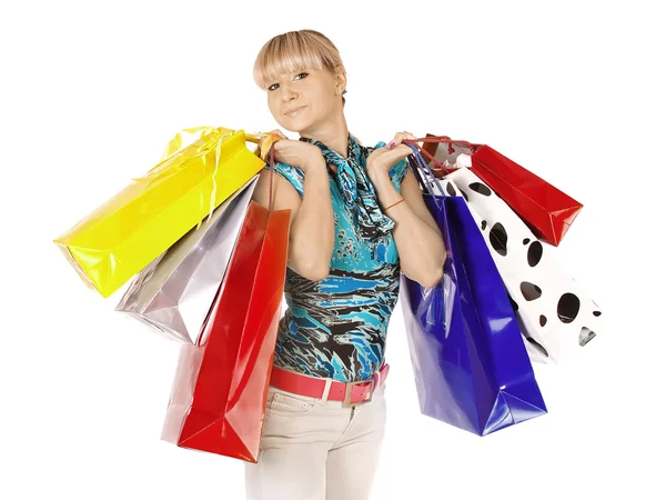 Portrait Stunning Young Woman Carrying Shopping Bags White Background — Stock Photo, Image