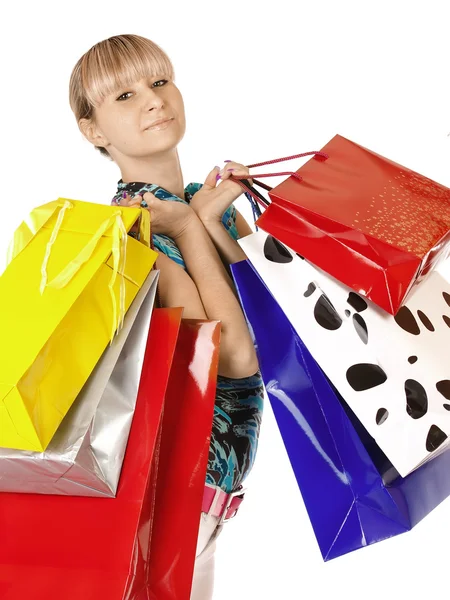 Beautiful, young, woman with colorful shopping bags in her hand — Stock Photo, Image