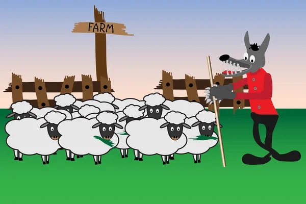 Cartoon met wolf en schapen — Stockvector
