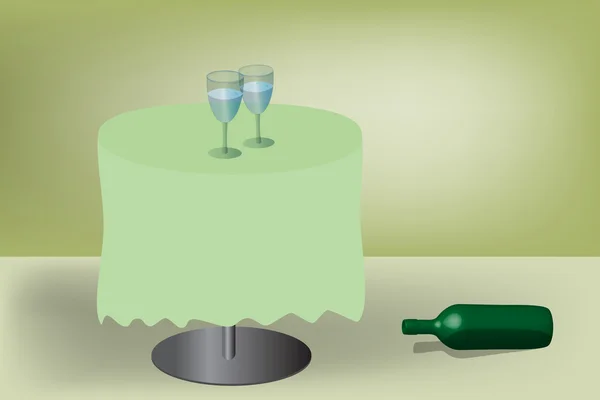 Dos copas de vino en la mesa y una botella vacía en el pavimento — Vector de stock