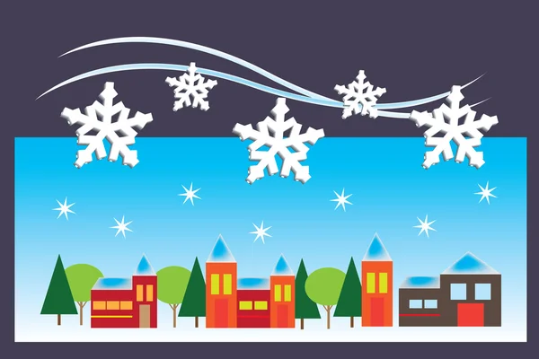 Cartão de saudação com cidade pequena no tempo de inverno — Vetor de Stock