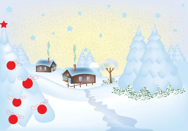 Winter Grußkarte Mit Einem Kleinen Dorf — Stockvektor
