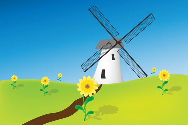 Grafische Illustration Der Windmühle Natürlicher Umgebung — Stockvektor