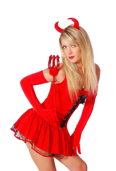 Jovem mulher sexy em um traje de festa de Natal do diabo — Fotografia de Stock