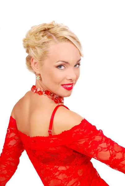 Portrait of a beauty girl in a red lace with bare shoulders — Stock Photo, Image