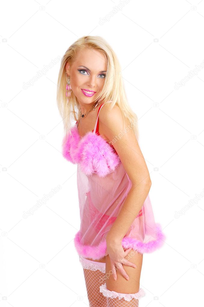 Young woman in a rose fluffy baby-doll
