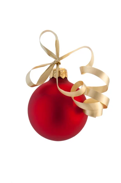 One red satin Christmas ball with gold ribbon on white background — Stock Photo, Image