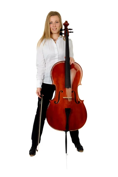 Jovem violoncelista filho branco fundo — Fotografia de Stock