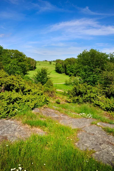 Campo da golf in collina con rocce — Foto Stock