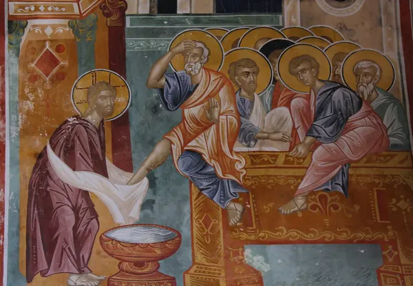 Fresco depicting Washing of feet at Last Supper — Stock Photo, Image