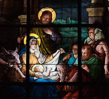 Stained glass window created by F. Zettler (1878-1911) at the German Church in Stockholm, depicting the Nativity Scene clipart