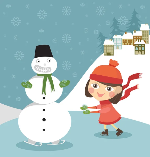 Patins fille avec bonhomme de neige — Image vectorielle