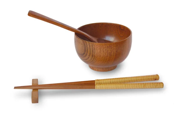 Chopsticks com tigela de madeira isolada em branco — Fotografia de Stock