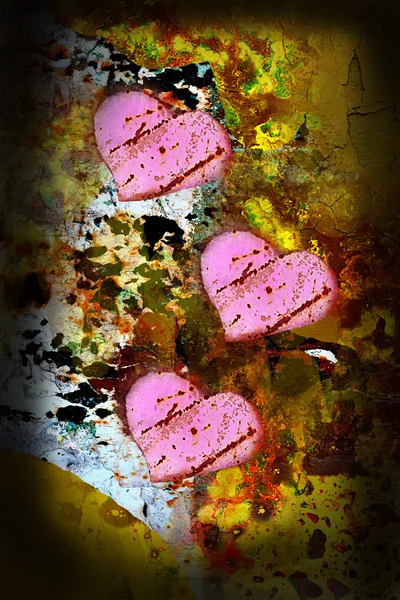 Herz, drei, rosa, Liebe alt; strukturiert; Wand; Ziegel; schmutzig; — Stockfoto