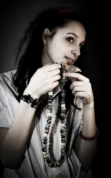 Sight, gesture, beads, mysteriousnesspeople, female, hair, eleg — Stock Photo, Image