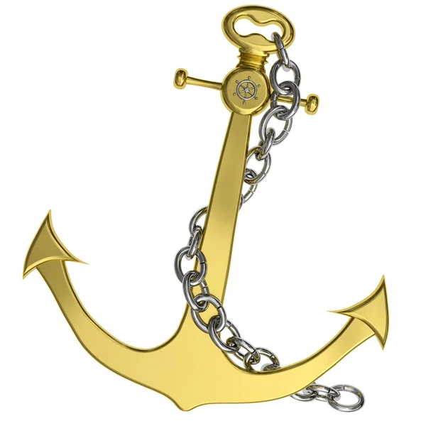 Golden anchor with chain isolated on white — Stock Photo, Image