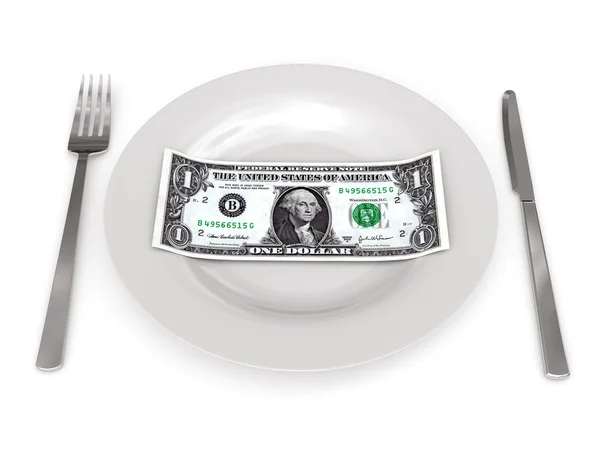 stock image One dollar on plate with knife and fork rendered with soft shadows and isolated on white background