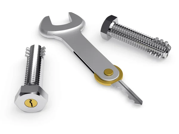 Steel bolts with built-in lock and conceptual key — Stock Photo, Image