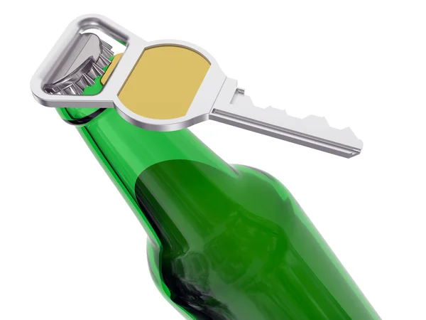 Zelená pivní láhev s otvírák — Stock fotografie