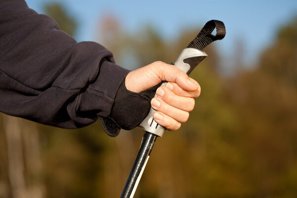 Hand mit Nordic Walking Stock