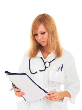 A young woman doctor examines the diagnosis clipart