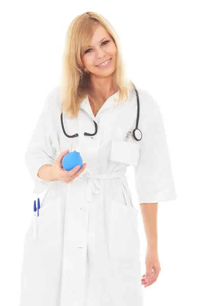 Beautiful young nurse is flirting with blue enema — Stock Photo, Image
