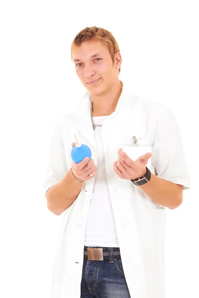 Atful fake doctor holding enema beckon to a patient — Stock Photo, Image