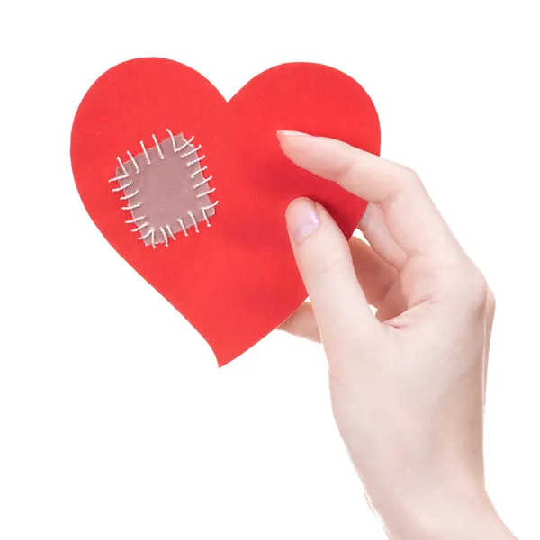 Woman Holding Valentine Day Greeting Card Shape Broken Heart Patch — Stock Photo, Image