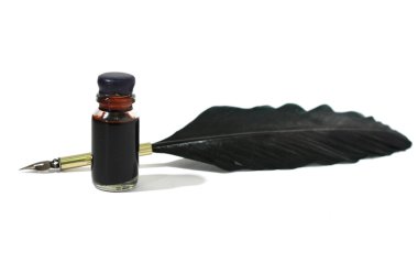 Bottle of black ink & feather isolated on white clipart