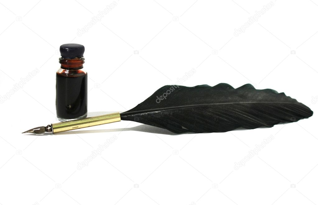 Bottle of black ink & feather on white background