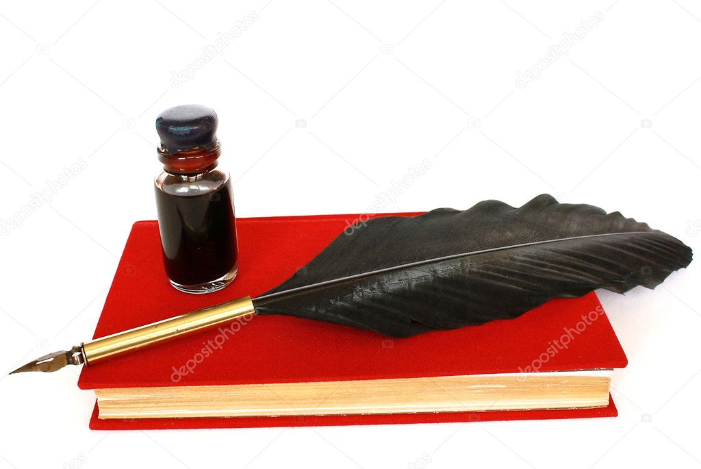 Red book, bottle of ink and quill isolated on white
