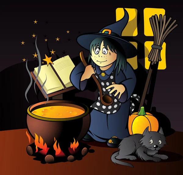 Little witch cooks — Stock Vector