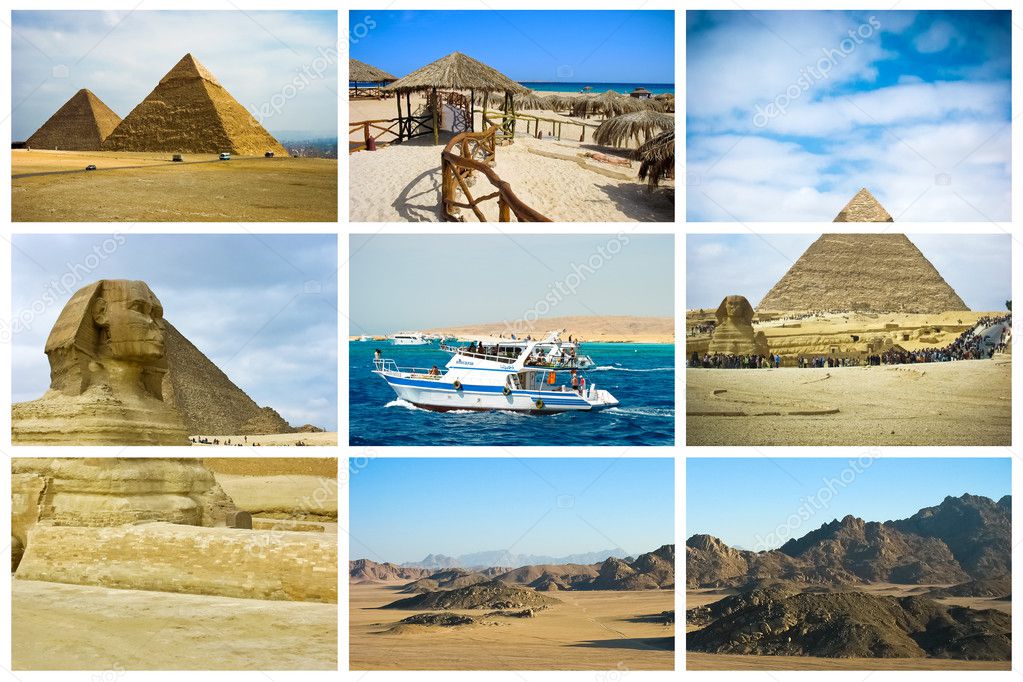 Postcard with sunny Egypt in 6 shots collage